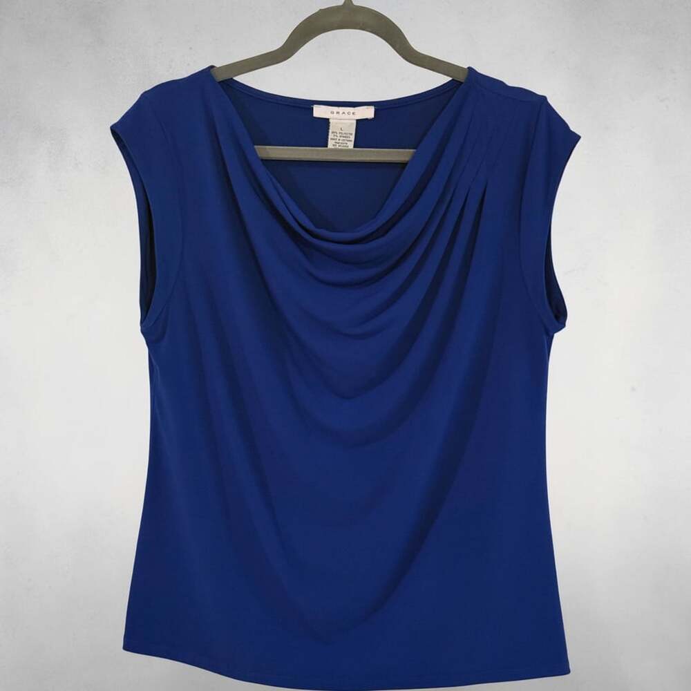 Grace Royal Blue Sleeveless Cowl Neck Blouse Top Size L